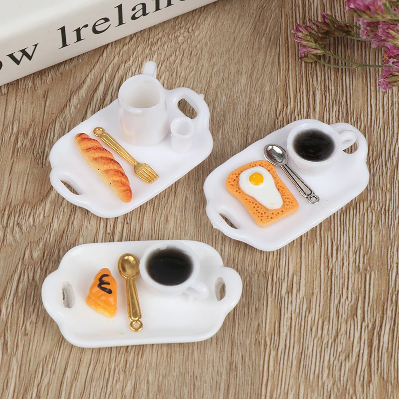 

1:12 Dollhouse Miniature Breakfast Sets Hamburger Croissant Toast Egg Coffee with Tray Kitchen Food Accessories