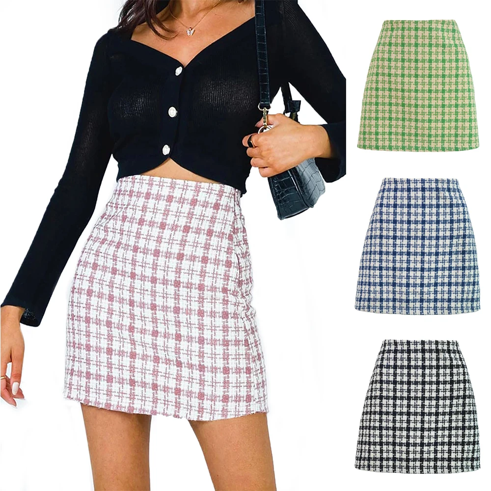 

Classy Style High Waist Cotton Skirt Vintage Plaid Jupe Lady Sexy Slim A-line Back Zipper Wrap Hip Fashion Club Party Skirts