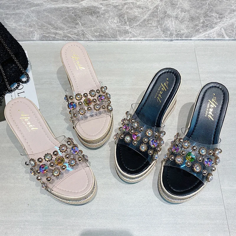 

Dropshipping Colorful Crystal Wedge Sandals for Women Transparent Super High Heels Platform Shoes Woman Summer Beach Slippers