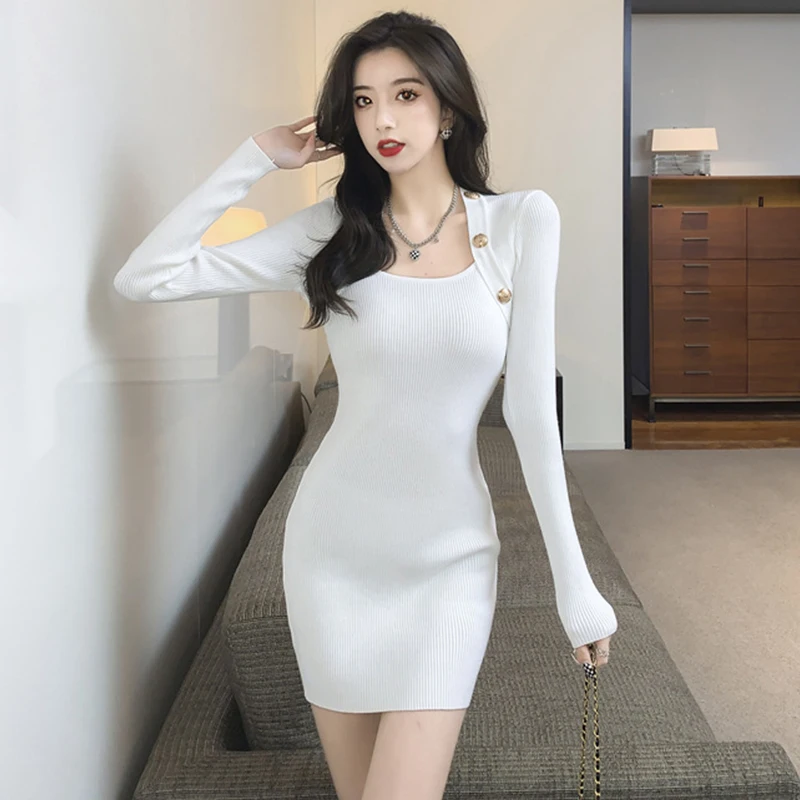 

Модное женское платье в Корейском стиле ретро, базовое вечернее мини-платье с квадратным вырезом, элегантное женское уличное облегающее пл...