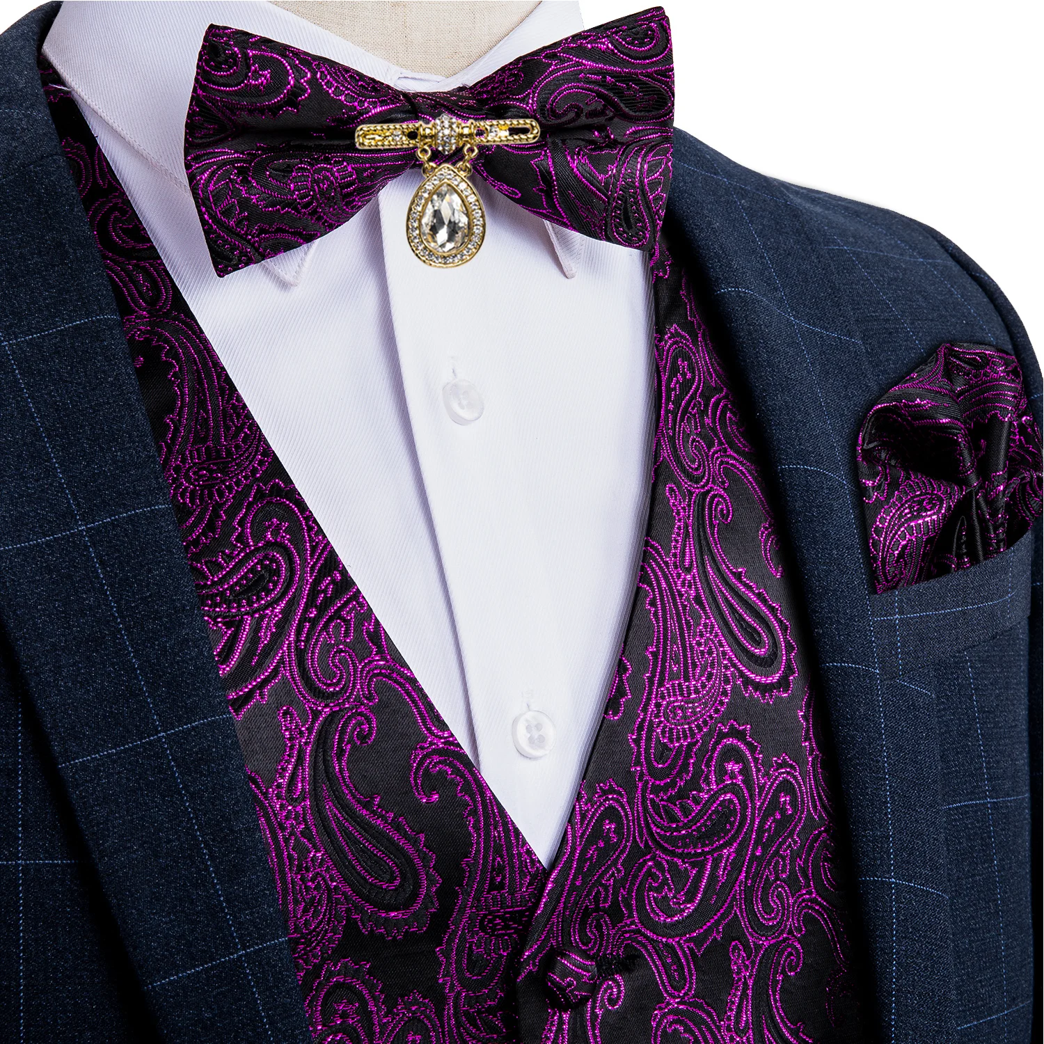

Brand Mens Suit Vest Set Wedding Party Suit Purple Quality Silk Waistcoat Folral Homme Vests BowTie Hanky Cufflinks Brooch Set