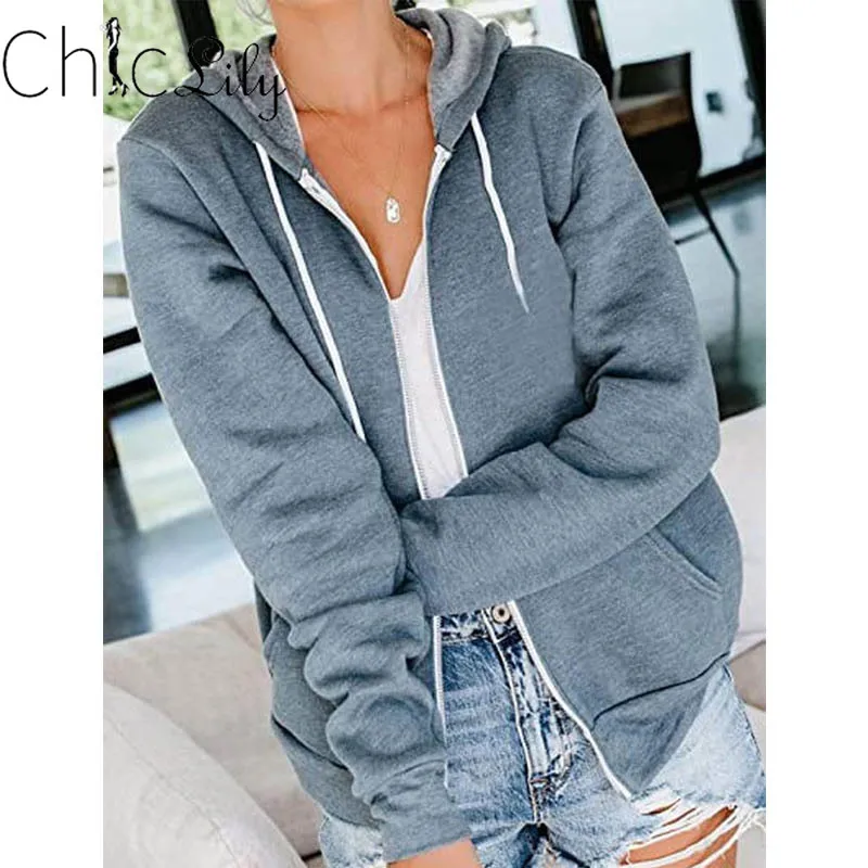 

Chiclily Long Sleeve Hooded Coat Zipper Women Casual Solid Color Basic Jacket with Drawstring Pocket Black Jackets