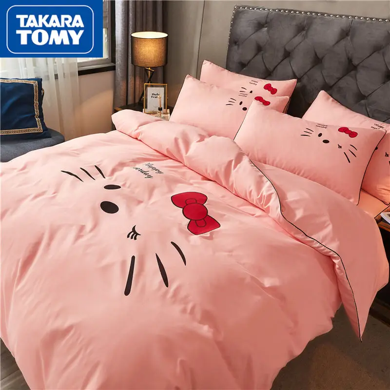 

TAKARA TOMY милый мультяшный Hello Kitty чистый цвет мытый хлопок постельное белье простой креативный милый набор из четырех частей