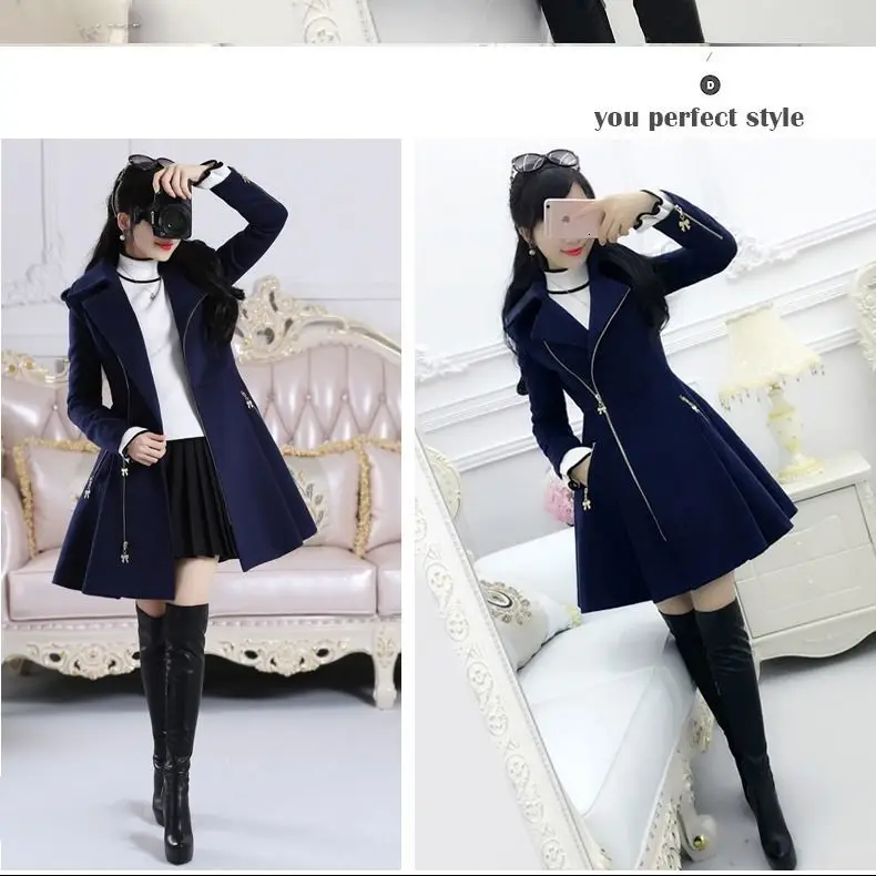 Темно синее шерстяное пальто на молнии с длинным рукавом для ранней осени