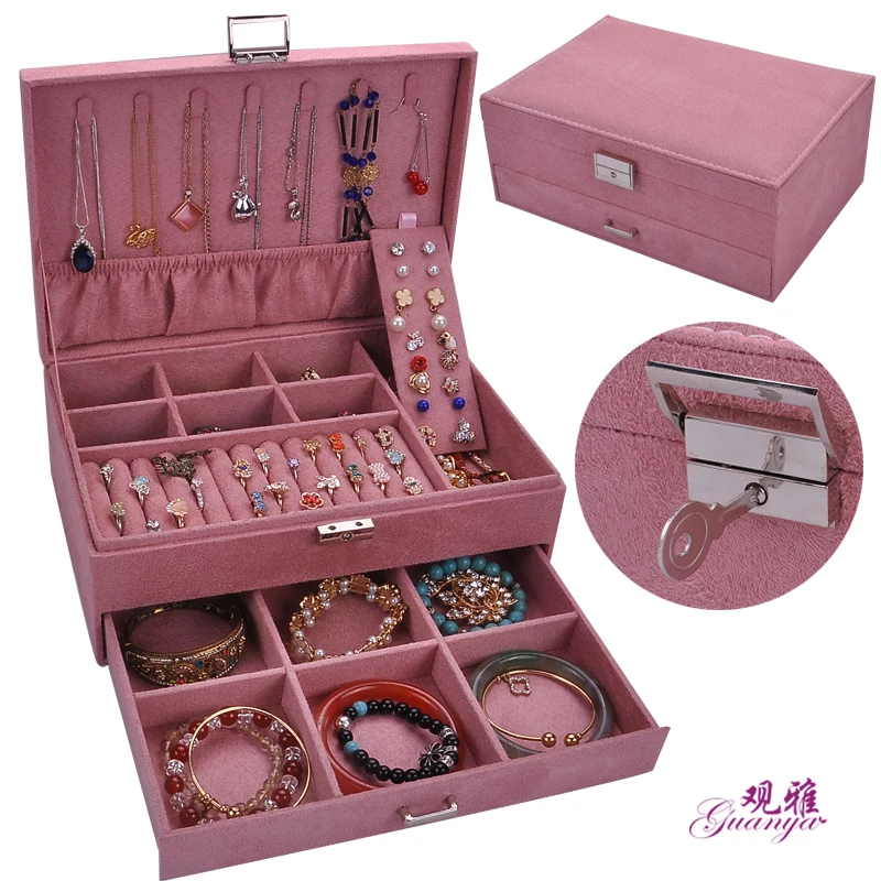 

2021 New Fashion Style Flannel Double Layer Jewelry Holder With Large Capacity Velvet Jewelry Box