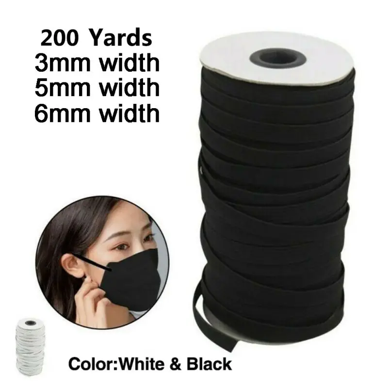 

O 200 Yards Length DIY Flat Braided Elastic Band Cord Knit Band Sewing 1/8 1/6 1/4in 3mm/5mm/6mm Width Mask Accessories