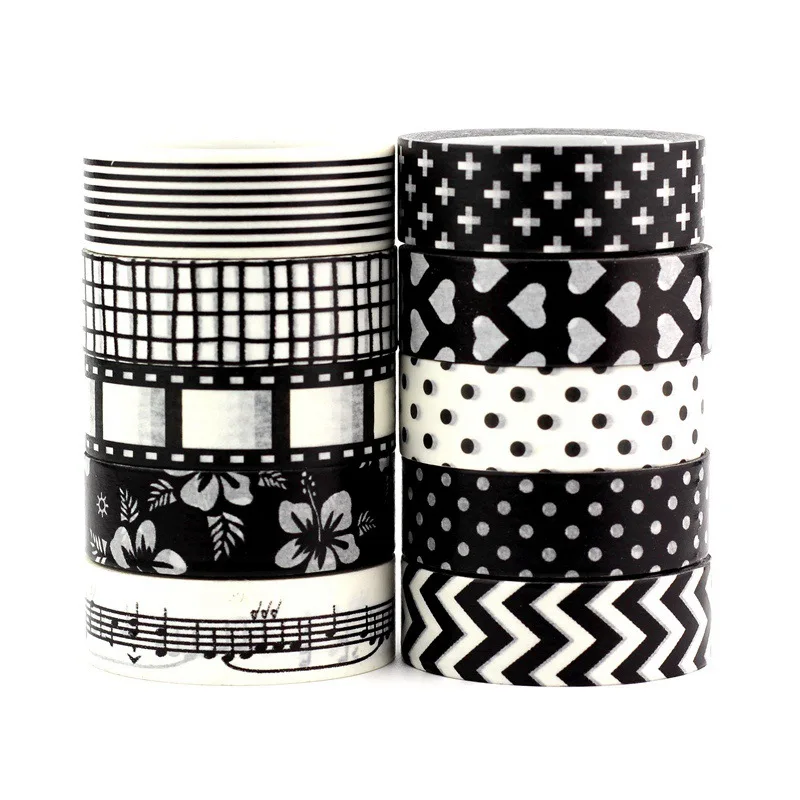 10PCS 10PCS/lot Decorative Mix 10pcs Real Black and White Washi Tapes Japanese Paper DIY Planner Adhesive Masking Tapes Stationery - Color: 10PCS