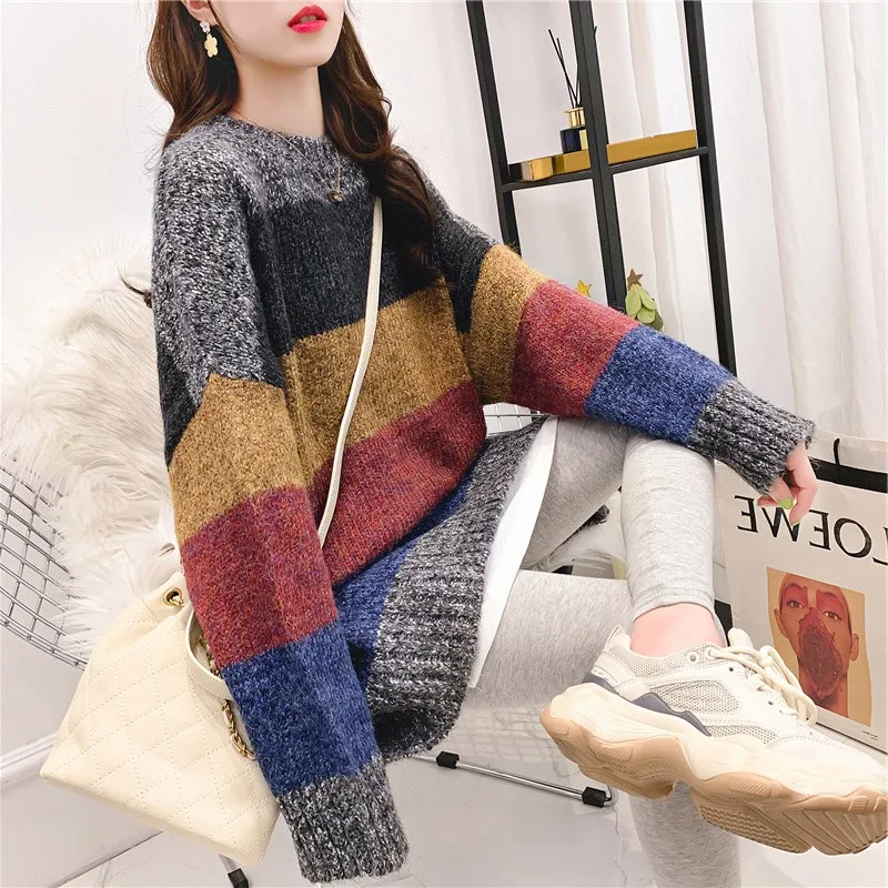 Женский Теплый свитер в разноцветную полоску H.SA джемпер оверсайз радужной