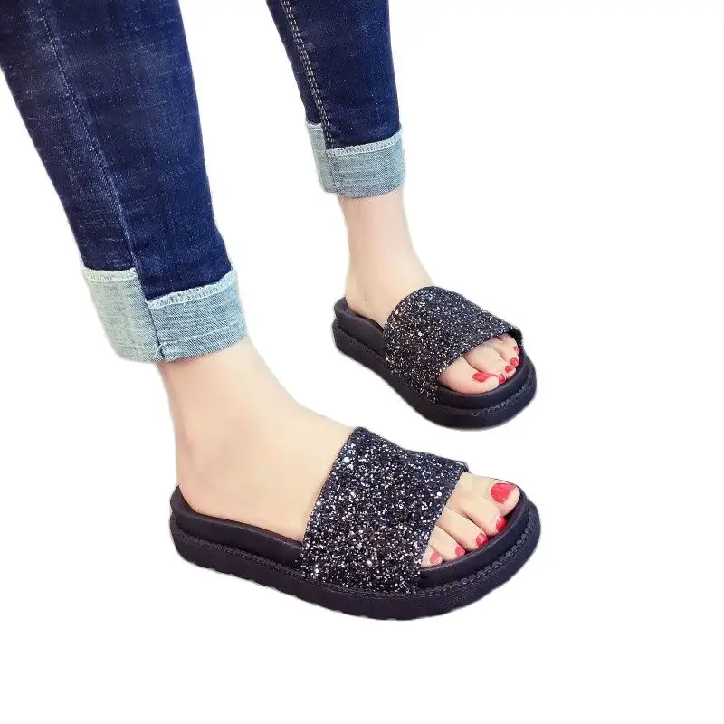 Дамские тапочки летние шлепанцы с Блестками Блестящие без задника на плоской