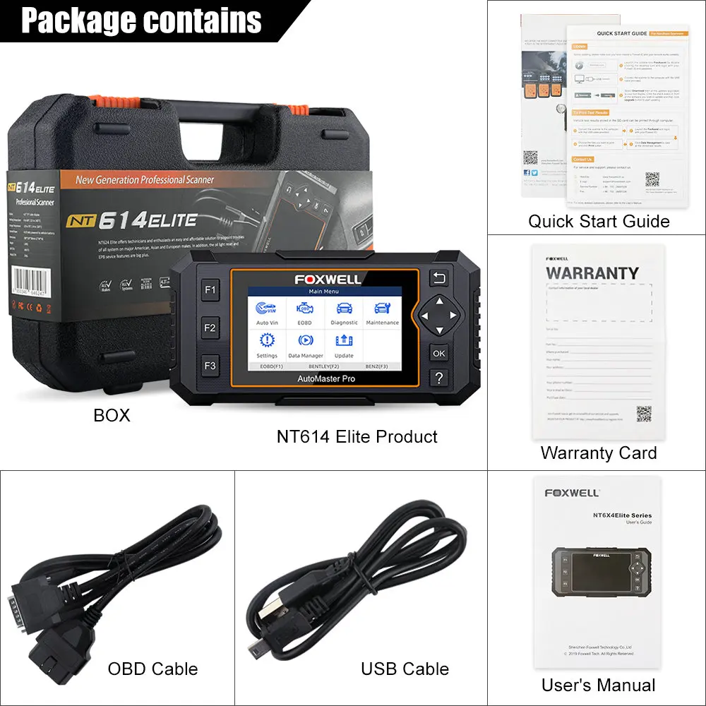 FOXWELL NT614 Elite OBD OBD2 сканер четыре системы EPB масляный Сервис Сброс OBDII Автомобильный сканер Профессиональный автомобильный диагностический инструмент - Цвет: OBD2 Scanner