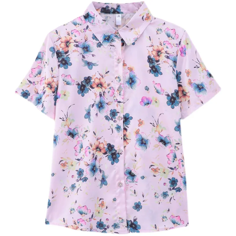 

Summer Chiffon Women Shirts Turn-down Collar Blouse Short Sleeve Office Lady Button Up Shirt Black/5XL Pink Ladies Tops