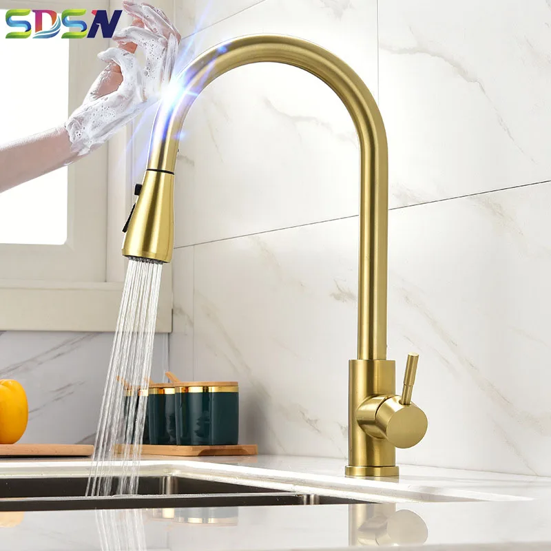 Smart Touch Kitchen Faucet Three Function Pull Dow Sprayer Hot Cold Kitchen Mixer Tap Brushed Gold Touch Pull Out Kitchen Faucet