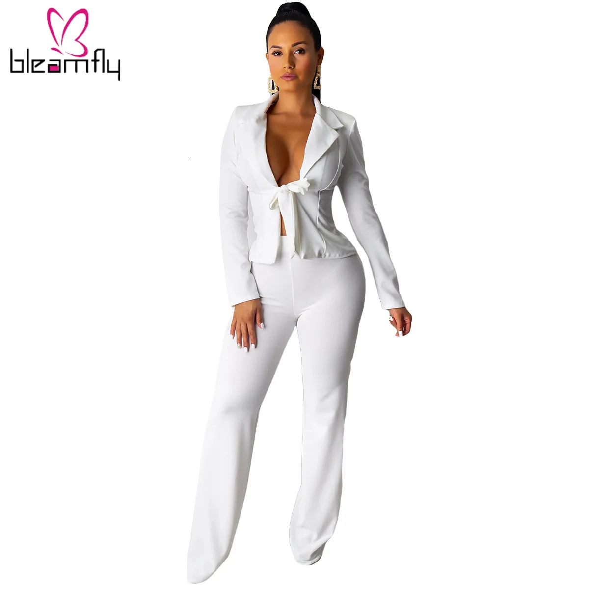 Осень Зима Женский однотонный неоновый зеленый белый блейзер и брюки костюм из