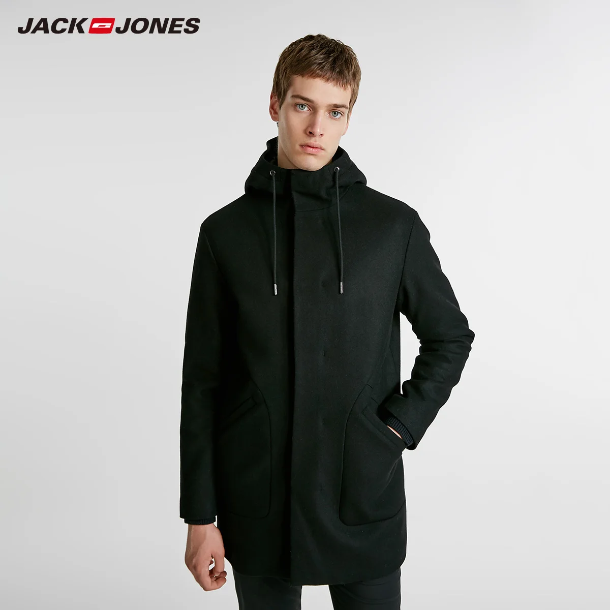 Мужское длинное шерстяное пальто с капюшоном Jack Jones зимняя куртка 218427506|Мужские