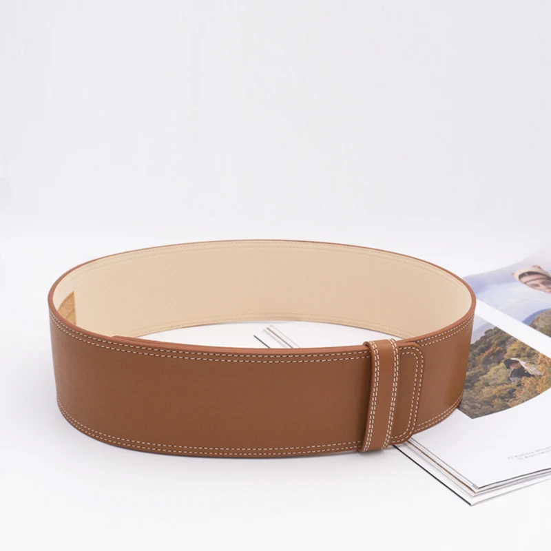 Autumn and winter line design coat buttonless simple waist seal wide belt leather decorative wide belt