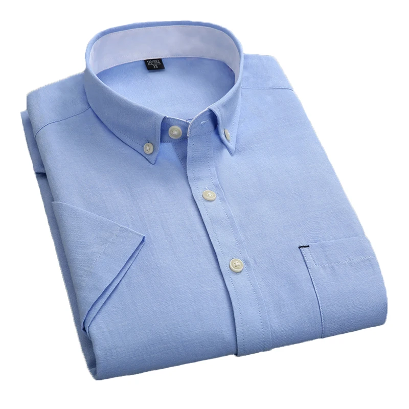 

AOLIWEN brand men 50% cotton blue oxford solid color short sleeve shirt summer business casual thin anti wrinkle slim fit shirt