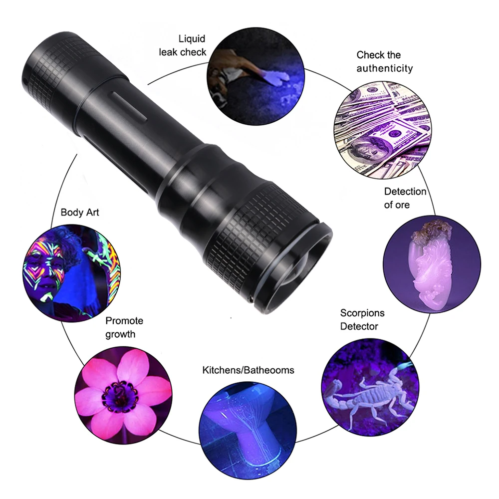 

365nm Purple Light Torch Purple and White Dual-Light Flashlights Zooms In Light Torch Cat Ringworm Amber Detection Lights