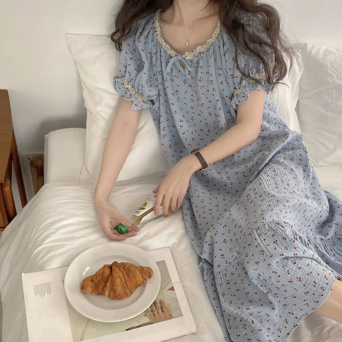 Large size nightdress small floral pajamas new summer skirt mid length over knee can be worn outside the home dress