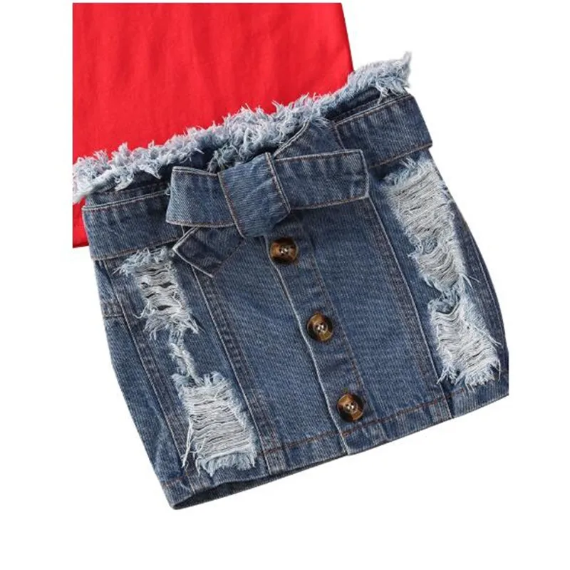 

2020 Casual Children Girls Clothing Kids Girl Letter Short Sleeve Cotton T-shirt Denim Skirts Baby Girl Clothes Outfits 2Pcs Set