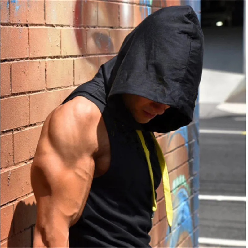 

Jackets Contrast Fashionable Vest Sleeveless Men's Hoodie Bodybuilding Clothing Tops Summer Male Lightweight Hooded Gyms Tank Ve