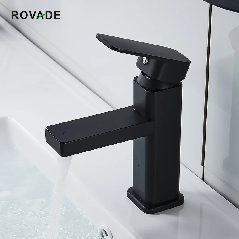 

ROVADE Bathroom Sink Faucet Square Modern Basin Cold Hot Mixer Water Tap with Single Lever, Deck Mounted, Matt Black Finish