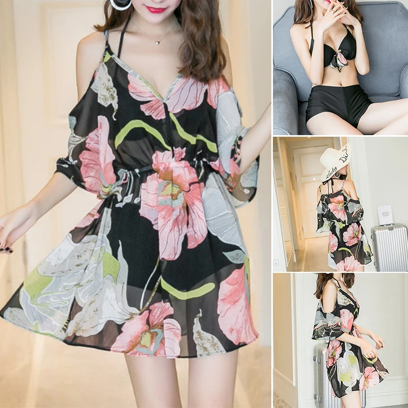 

3pcs Floral Print Swimsuit With Bra Underwear and Dress Swimwear Beach Set Bikini Cover Bathing Suit BHD2