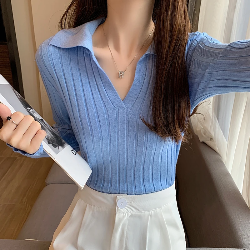 

2022 Spring Women's Polo Shirts Elegant Deep V Neck Ribbed Tees Slim Solid Primer Shirt Official Ladies Primer Shirt Knitted Top