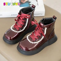 childrens boots for girls martin boots autumnwinter 2021 new fashion pearl mid tube girls princess booties leather kids shoes