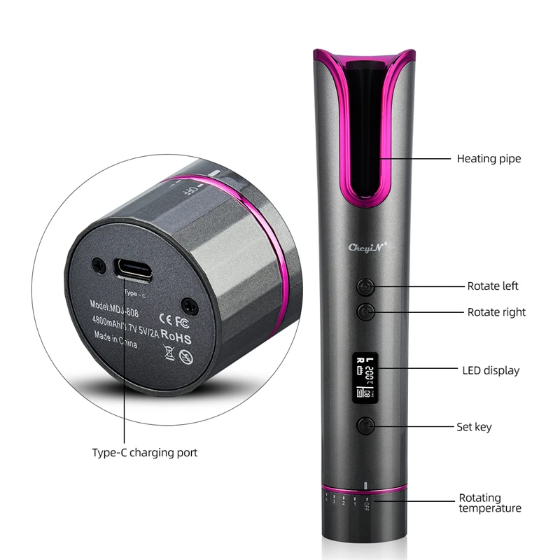 

Automatic Curling Iron Wireless USB Rechargeable Curler Waves LCD Display Rotating Hair Crimper Curl Temperature Control