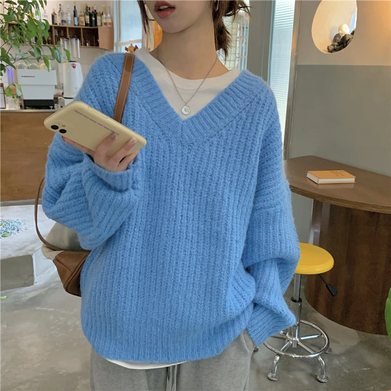 

Autumn Winter Chic Harajuku Sweaters Women Korean V Neck Lantern Sleeve Retro Solid Color Thick Loose Pullover Jumper for Female