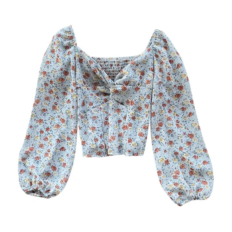 

2020 Women Long-sleeved T-shirt Female Early Spring Korean Shirt Sexy Small Floral Seven-point Sleeve Chiffon Shirt Summer