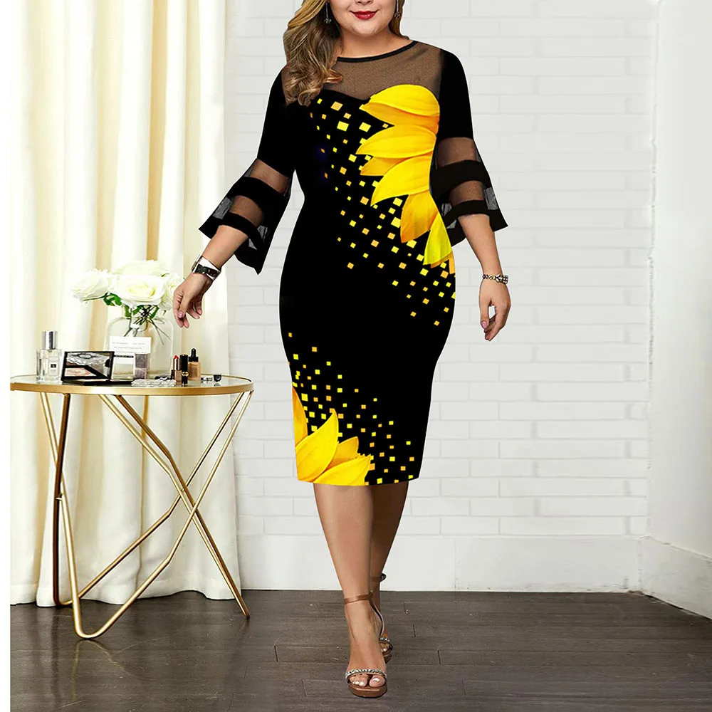 Plus Size Summer Women's Dress 2022 Elegant Mesh Sunflower Print Evening Party Dresses Bodycon Wedding Club Night Outfits ​5XL