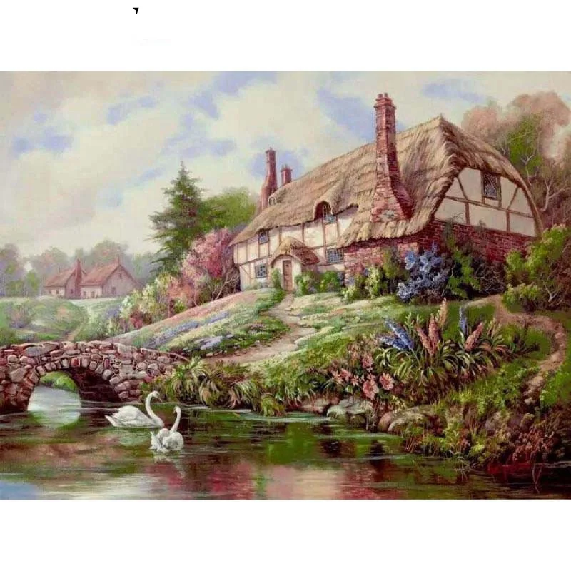 Thatched Cottage River Paint By Numbers Coloring Hand Painted Home Decor Kit Drawing Canvas DIY Oil Painting Pictures By Numbers