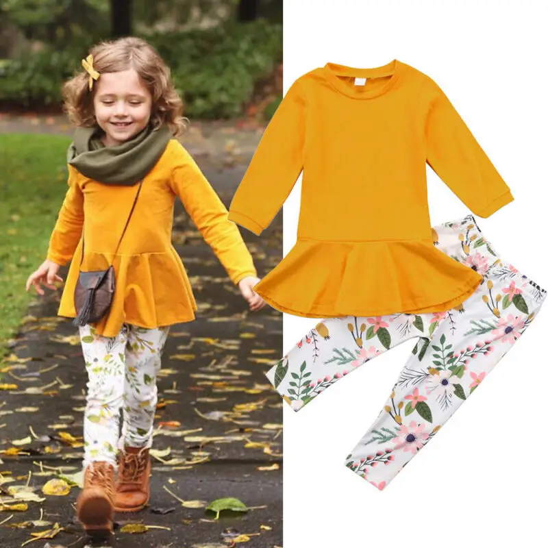 

Комплект одежды для девочек 2-7 лет, однотонный топ, платье, штаны с цветочным принтом, Осенние комплекты одежды