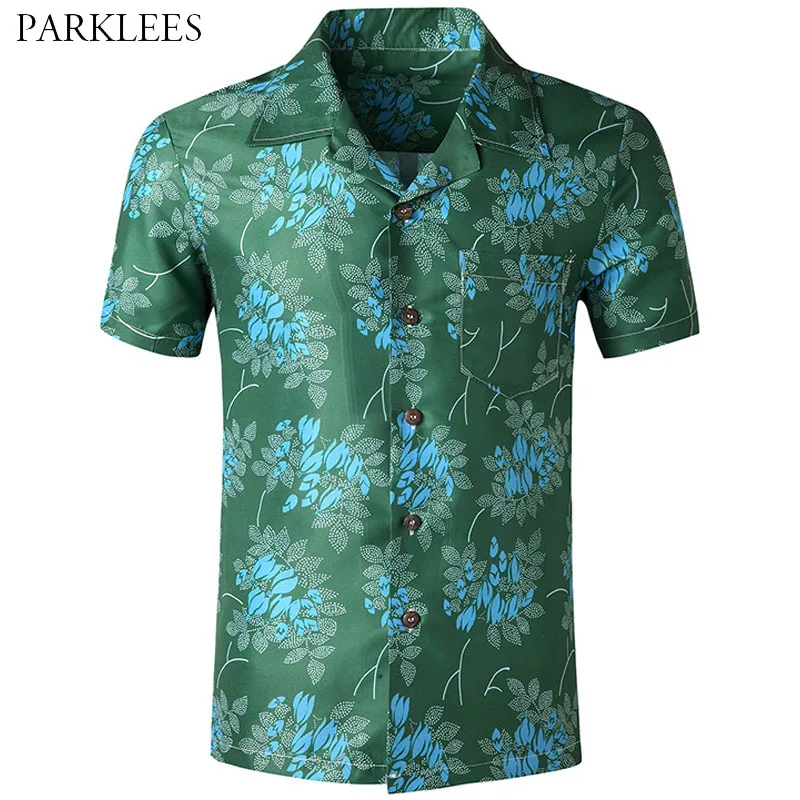 

Green Leaf Floral Printed Mens Hawaiian Shirt 2020 Casual Loose Shirts for Men with Pocket Beach Holiday Mens Clothing Plus Size
