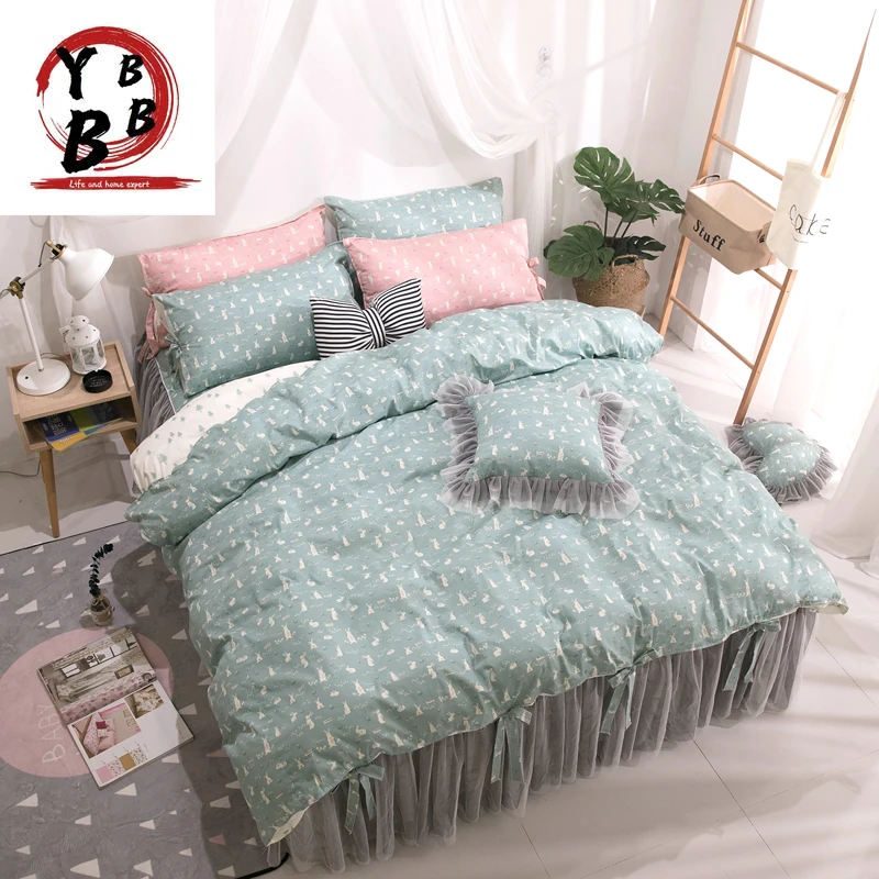 

Princess Lace Wedding Bedding Set King Queen twin Pure cotton Bed skirt green Duvet Cover Bedspread Pillowcase Luxury bedclothes