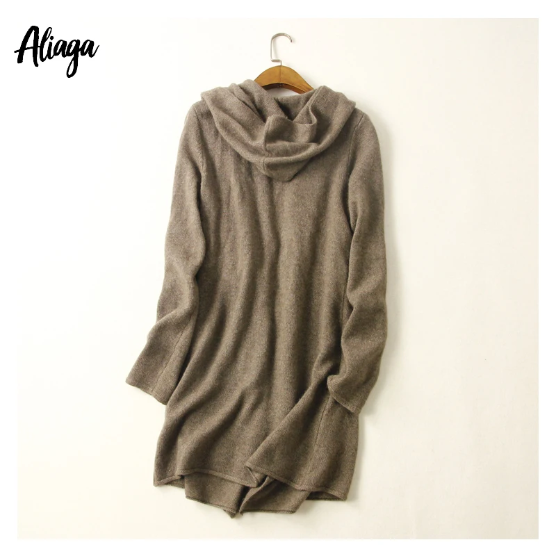 Aliaga New Arrival Pure Cashmere Cardigan Women Autumn Winter Hooded Sweater Coat With Pocket