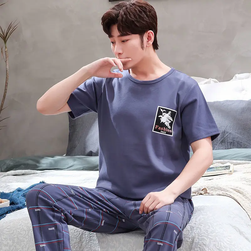 Casual Men Pajamas Set 2022 Short Sleeve Plaid Trousers Homewear Cat Letter Printing Boy Two-Piece Suit Loose O Neck Nightgown