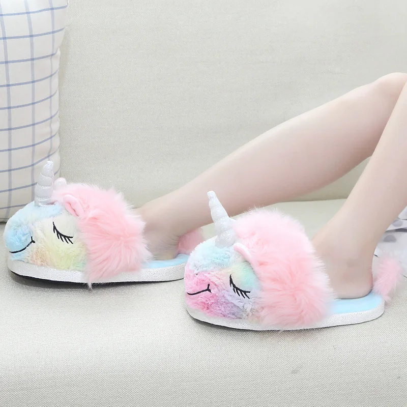 Cartoon Unicorn plush slippers female ins winter indoor soft bottom cute funny color pony cotton slippers children