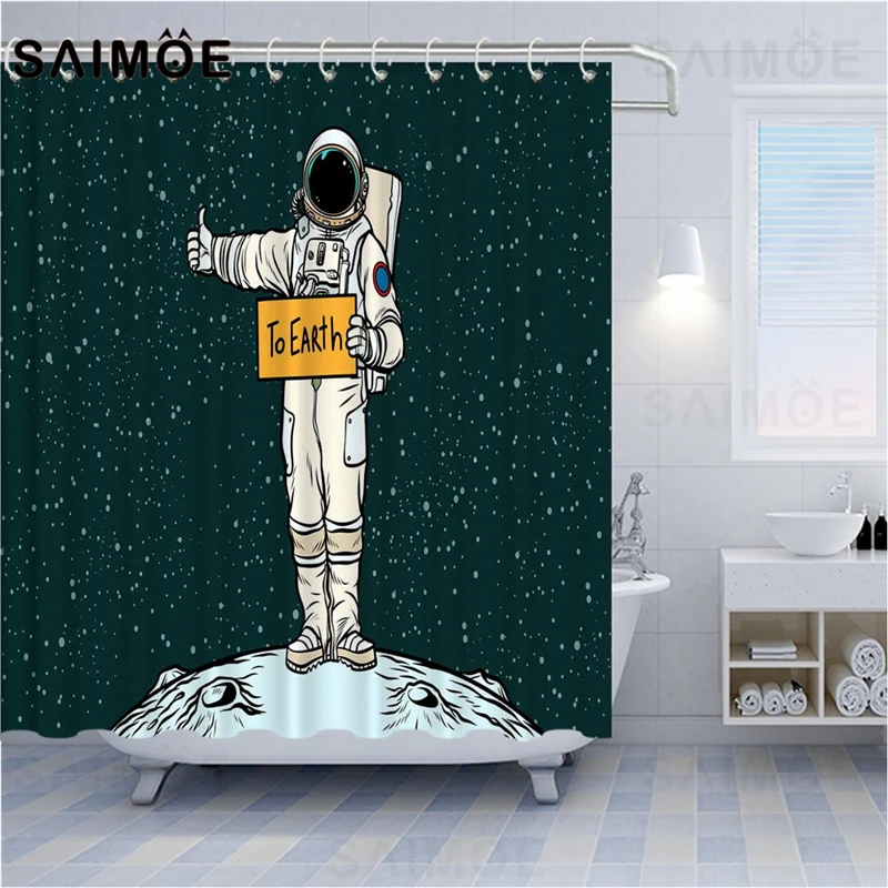 

Занавеска для душа Moon Stars, водонепроницаемая шторка для ванной комнаты из ткани, с крючками, Забавный космонавт, для дома и галактики