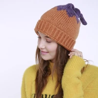 hot sale autumn winter female acrylic new patchwork color cute unique small tail knitted hat curling soft wear warm beanie hats