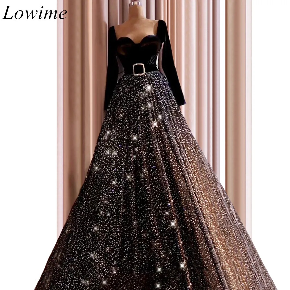 

New Vintage Velvet Evening Dresses 2019 A-Line Long Formal Sparkly Prom Party Gowns With Sashes Vestido De Fiesta Arabic Couture