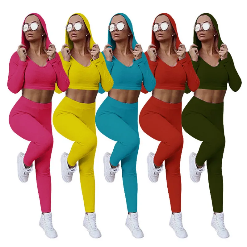 

2020 Autumn Women Casual Suit Simple Style Solid Color Crop Hoodie & Trousers European And American Fashion Two Piece Set