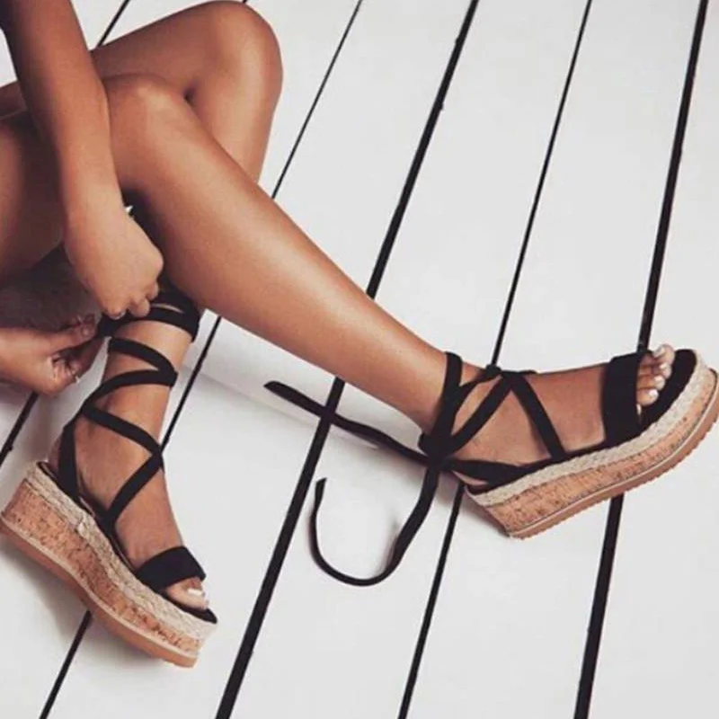 

Summer White Wedge Espadrilles Woman Sandals Open Toe Rome Shoes Gladiator Sandals Ladies Casual Lace Up Female Platform Sandals