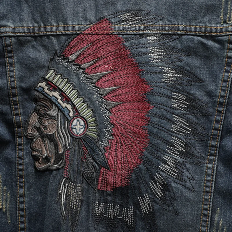 Spring Autumn 2020 teenagers Head Heavy Industry Embroidered Denim Jacket Men's Korean Slim Primitive tribe Locomotive coat | Мужская