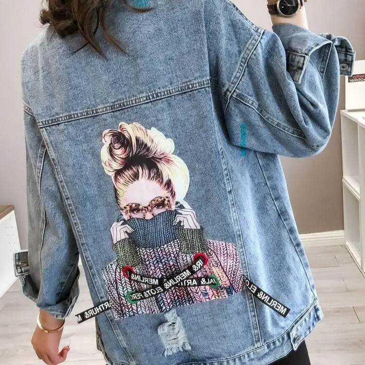

Women Ripped Denim Jacket Turn-down Collar Loose Casual Blue Coats Female outwear Denim Feminine Streetwear Jean Jackets