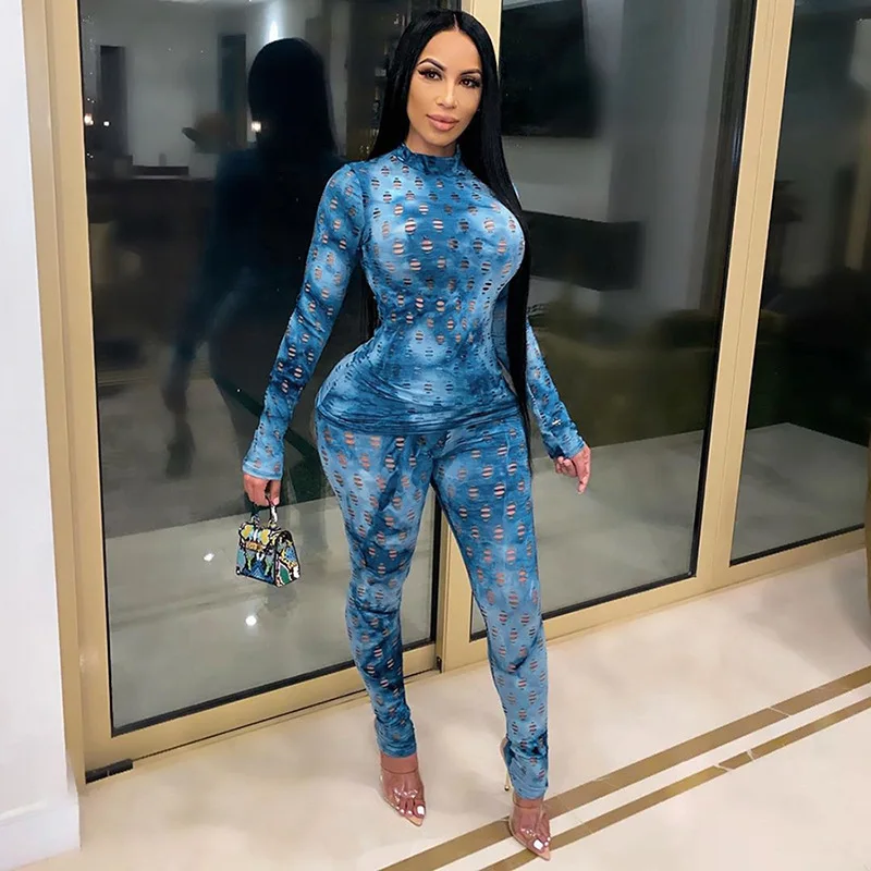 

See Through Hollow Out Two Piece Set Women 2020 Turtleneck Net Plaid Hole Skinny Elastic Club Streetwear Female Outfit Hot