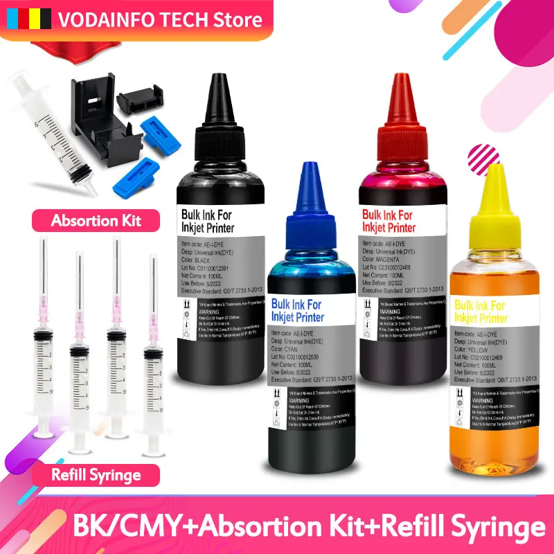 

100ml Ink Refill Kit For HP 21 22 301 302 304 121 122 123 650 652 300 140 141 350 351 343 338 XL Cartridge Printer Dye Ink