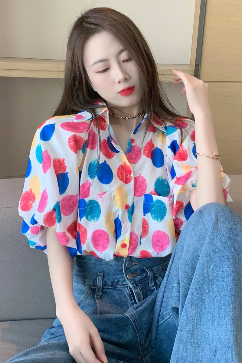

COIGARSAM Fashion Short Shirt Womens tops Summer Print Loose Puff Sleeve Women shirts Design And Color 0602