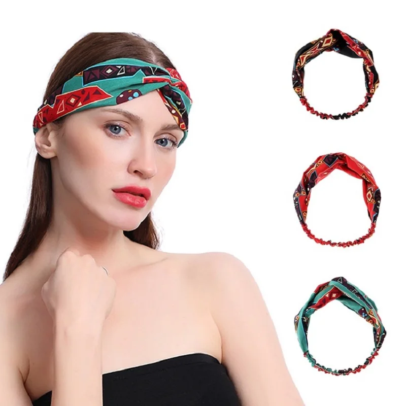 

New ethnic chiffon headband elastic wide headband cross headband female headwear